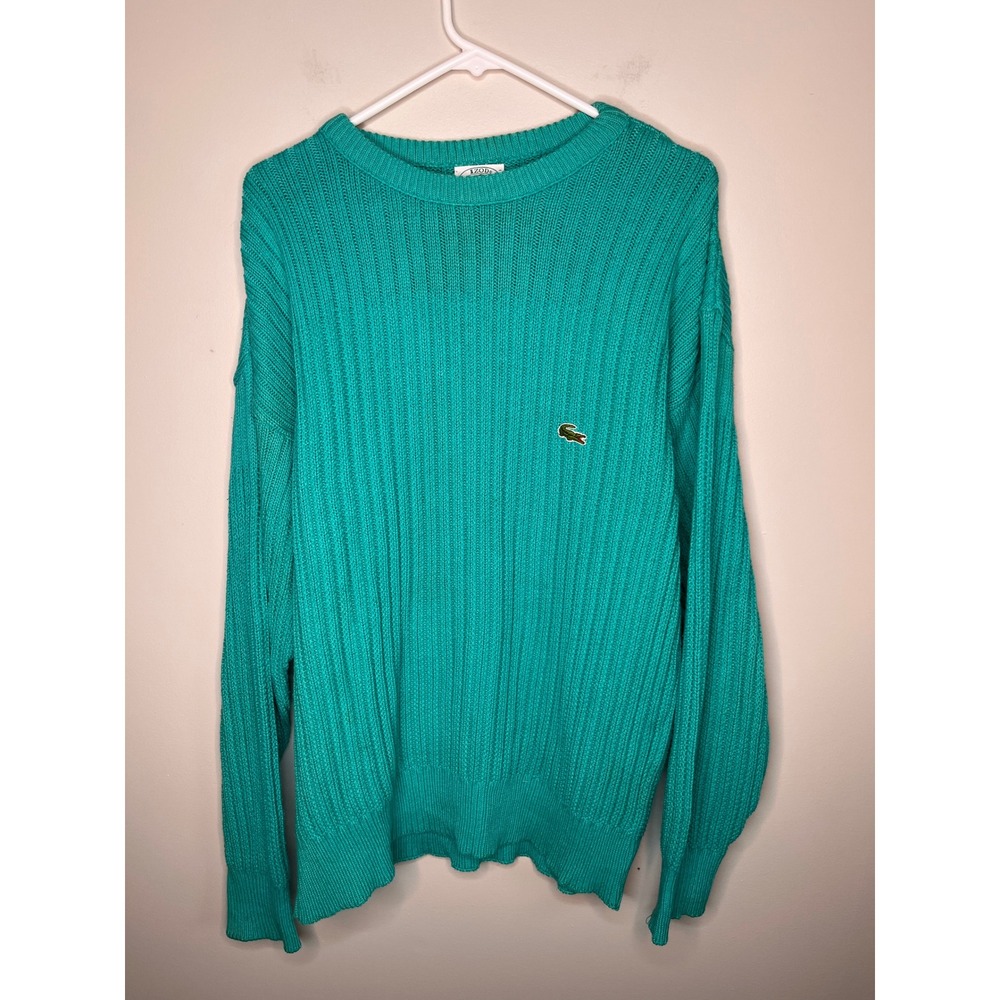 1980s Izod Lacoste Teal Green Cable Knit Cotton Hamptons Grandpa Sweater M